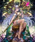  1girl barefoot breasts cleavage crown forest hair_ornament highres jewelry long_hair nature original pointy_ears shingoku_no_valhalla_gate silver_hair solo staff tob violet_eyes 