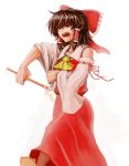  &gt;:o 1girl :o angry ascot bow brown_eyes brown_hair clenched_hand detached_sleeves dress hair_bow hair_tubes hakurei_reimu japanese_clothes jitome littlefinger1988 miko sandals short_hair sleeveless sleeveless_dress sleeves_rolled_up touhou 