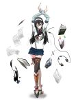  1girl arms_up black_hair black_legwear full_body glasses hairband kantai_collection long_hair mosha_densou ooyodo_(kantai_collection) school_uniform semi-rimless_glasses serafuku simple_background skirt smile solo standing thigh-highs under-rim_glasses very_long_hair white_background zettai_ryouiki 