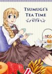  1girl bel-tree blonde_hair blue_eyes braid cup dress food french_fries fruit highres k-on! kotobuki_tsumugi long_hair sitting strawberry sweets teacup teapot 