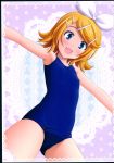  1girl blonde_hair blue_eyes blue_swimsuit blush hair_ribbon highres kagamine_rin open_mouth ribbon school_swimsuit smile swimsuit vocaloid 