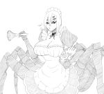  1girl apron arachne breasts carapace choker claws cleavage extra_eyes feather_duster hand_on_hip huge_breasts insect_girl maid maid_apron maid_headdress monochrome monster_girl monster_musume_no_iru_nichijou multiple_legs planet_of_junk rachnera_arachnera sketch solo spider_girl 