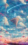  1girl bou_nin clouds floating_island flower long_hair original petals ponytail scenery solo 