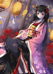  1girl bangs black_hair candy clouds cloudy_sky floral_print flower hair_ornament hair_ribbon horns japanese_clothes kimono lantern lollipop long_hair no_socks obi original pale_skin paper_lantern pointy_ears red_eyes ribbon sandals sash sitting sky smile solo spider_lily tress_ribbon very_long_hair yumaomi 