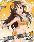  1girl artist_request breasts brown_hair card_(medium) character_name flower green_eyes hair_flower hair_ornament hairclip himekawa_yuki idolmaster idolmaster_cinderella_girls jewelry long_hair official_art orange_background sparkle sun_(symbol) 