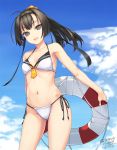  :d adapted_costume akizuki_(kantai_collection) bikini black_eyes black_hair blue_sky breasts cleavage contrapposto dated hairband innertube kantai_collection navel open_mouth ponytail rokuwata_tomoe side-tie_bikini sky smile string_bikini swimsuit twitter_username white_bikini white_swimsuit 