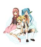  aqua_hair blonde_hair blue_eyes dress flower hair_ornament hair_ribbon hairband hairclip hat hatsune_miku hidacafe kagamine_len kagamine_rin long_hair megurine_luka mini_top_hat necktie pink_hair ribbon rose short_hair siblings sitting smile spring_onion top_hat twins twintails vocaloid 