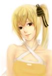  bad_id blonde_hair brown_eyes close-up eiy hair_ribbon long_hair realistic ribbon side_ponytail simple_background smile vocaloid 