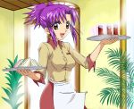  apron brown_eyes drink mermaid_melody_pichi_pichi_pitch nikora official_style ponytail purple_hair sandwich short_hair tray waist_apron waitress 
