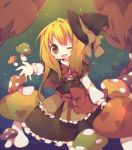  1girl :d ana_(rznuscrf) blonde_hair brown_eyes gradient_hair hat heart kirisame_marisa multicolored_hair mushroom open_mouth outstretched_arm outstretched_hand smile solo touhou wink witch_hat 