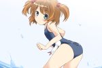  bad_id blue_eyes brown_hair flat_chest hair_bobbles hair_ornament kataoka_yuuki looking_back moso one-piece_swimsuit saki school_swimsuit short_twintails swimsuit twintails water 