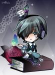  blue_hair book butterfly chibi flower hat headphones headset hitobashira_alice_(vocaloid) kaito male mini_top_hat necktie rose short_hair solo supobake top_hat vocaloid 