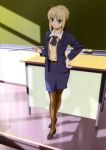  ahoge blonde_hair blush braid business_suit chalkboard classroom desk duplicate fate/stay_night formal green_eyes miniskirt pantyhose pointer saber skirt suit teacher 