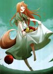  animal_ears anklet apple ayakura_juu barefoot blush brown_hair fang food fruit grapes hands highres holo jewelry long_hair official_art pear red_eyes scan skirt smile solo spice_and_wolf tail wolf_ears 