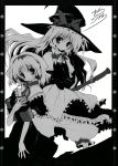  book capelet hat highres kirisame_marisa korie_riko monochrome touhou witch_hat 