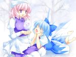  alternate_hairstyle apron arm_support ayase_hazuki bare_shoulders barefoot bow chin_rest cirno dress drill_hair floating_object flower frozen hair_bow happy hat letty_whiterock lying multiple_girls on_stomach open_mouth pink_hair short_hair sitting snowflake snowflakes touhou waist_apron wings winter 