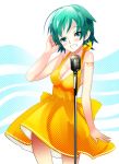  breasts cleavage engloid green_eyes kanipanda microphone microphone_stand short_dress short_hair smile solo sonika vocaloid 