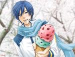  blue_eyes blue_hair food headphones headset ice_cream kaito male scarf short_hair smile solo tizz vocaloid 