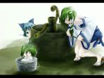  blue_hair bucket cirno girl_in_bucket green_hair highres in_bucket in_container kisume kochiya_sanae letterboxed multiple_girls poker-face-008 touhou water well 
