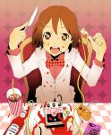  bad_id bowtie brown_eyes brown_hair cable checkered drink engrish fork formal hair_ornament hairclip heinz hirasawa_yui k-on! ketchup knife plectrum product_placement ranguage solo star suit symbol-shaped_pupils tamaoki_benkyou 