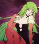  2009 bare_shoulders bat_wings breasts capcom cleavage demon_girl fuuka_(fukasheu) green_hair head_wings headwings long_hair morrigan_aensland pantyhose purple_background succubus vampire_(game) wings yellow_eyes 