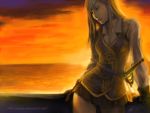  2008 backlighting blonde_hair blouse choker commentary gloves green_eyes highres jayun light looking_away miniskirt ocean original rapier see-through signature sitting skirt solo sunset sword thigh_gap vest wallpaper watermark weapon 