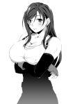  breast_hold breasts cleavage crossed_arms earrings final_fantasy final_fantasy_vii fingerless_gloves fumizuki_misoka gloves huge_breasts jewelry long_hair monochrome solo suspenders tank_top taut_shirt tifa_lockhart 