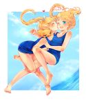  ashi_ho ashi_ho_(mm2) bad_id barefoot blonde_hair blue_eyes cheek_kiss elf feet flat_chest highres kiss multiple_girls one-piece_swimsuit pointy_ears ponytail smile swimsuit 