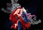  1girl bare_shoulders barefoot blonde_hair blue_eyes blue_hair breasts brown_eyes carrying couple dress flower gloves highres jewelry long_hair love macross macross_frontier pink_hair ponytail saotome_alto sheryl_nome smile usa_gintarou wings 
