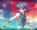  &gt;:) blue_eyes blue_hair glowing glowing_eyes hanesaki_nekome heterochromia karakasa_obake nukome open_mouth oriental_umbrella red_eyes short_hair sky smile star_(sky) starry_sky tatara_kogasa touhou umbrella wallpaper 