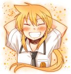  earrings grin highres hyakko jewelry kageyama_torako long_hair necktie orange_hair pikachi ponytail school_uniform smile 
