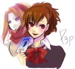  brown_hair card female_protagonist_(persona_3) hair_ornament hairclip holding holding_card oorumaiti_seisaku orpheus persona persona_3 persona_3_portable red_eyes school_uniform short_hair tongue 