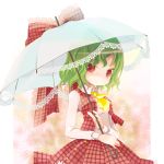 bow green_hair kazami_yuuka light_smile nigo parasol plaid plaid_skirt plaid_vest pleated_skirt red_eyes shade short_hair skirt skirt_set touhou umbrella 