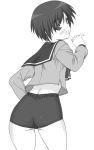  blush buruma highres looking_back matsubara_aoi monochrome school_uniform shichimenchou short_hair simple_background to_heart 