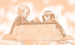  closed_eyes food fruit hamao hirasawa_yui holding holding_fruit k-on! kotatsu mandarin_orange monochrome multiple_girls open_mouth orange_(color) school_uniform smile table tainaka_ritsu 