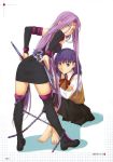  absurdres barefoot boots chain detached_sleeves fate/stay_night fate_(series) feet highres legs long_hair looking_back matou_sakura multiple_girls pink_eyes purple_eyes purple_hair rider school_uniform takayama_kisai thigh_boots thighhighs very_long_hair zettai_ryouiki 