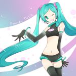  aqua_eyes aqua_hair detached_sleeves elbow_gloves gloves hatsune_miku headphones headset long_hair matsumaro midriff project_diva shorts smile solo thigh-highs thighhighs twintails vocaloid wink 