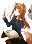  animal_ears ayakura_juu book brown_hair craft_lawrence feathers highres holo ink long_hair official_art pen quill red_eyes scan short_hair silver_hair smile spice_and_wolf tail wolf_ears 