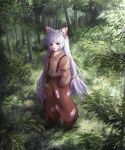  bamboo bamboo_forest bangs forest from_above fujiwara_no_mokou hair_ribbon hands_in_pockets kurosukey long_hair looking_up nature red_eyes ribbon silver_hair solo suspenders touhou 