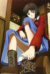  boots brown_hair feet hands hands_on_feet jacket japanese_clothes kara_no_kyoukai kimono red_jacket ryougi_shiki short_hair single_shoe solo toes type-moon 