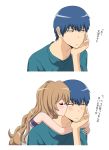  blue_hair blush brown_hair cheek_kiss couple highres hug hug_from_behind kiss long_hair takasu_ryuuji toradora! translated tsundere u-56 