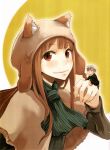  animal_ears ayakura_juu beard brown_hair chibi craft_lawrence facial_hair giantess hands hat highres holo long_hair miniboy official_art poncho red_eyes scan short_hair silver_hair smile spice_and_wolf wolf_ears 