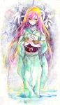  aqua_eyes colorful japanese_clothes kimono long_hair megurine_luka nayuko pink_hair snow solo traditional_media vocaloid watercolor watercolor_(medium) 