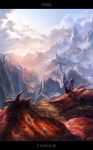  death dragon english fantasy highres landscape male mountain mstk original scenery sunrise sword water waterfall weapon wings 