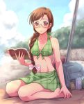  beach bikini bikini_top book bow braid brown_eyes brown_hair clala e20 front-tie_top glasses hair_bow halterneck hands_on_feet quiz_magic_academy sarong sitting swimsuit wariza 