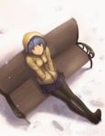  blue_hair coat cold commentary from_above hands_in_pockets jayun looking_up pantyhose short_hair sitting skirt snow solo yellow_eyes 
