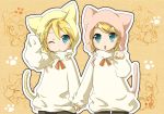  animal_hat aqua_eyes blonde_hair cat_ears cat_hat cathat child hand_holding hat hidacafe holding_hands kagamine_len kagamine_rin short_hair siblings tail twins vocaloid wink 