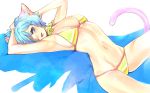  animal_ears arched_back armpits bikini blue_hair blush breasts cat_ears cat_tail hair_over_one_eye hitowa large_breasts lying original short_hair smile solo swimsuit tail 