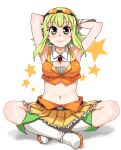  bad_id blush boots breasts cleavage crossed_legs goggles green_eyes green_hair gumi indian_style midriff oekaki rkrk short_hair sitting skirt smile solo vocaloid 
