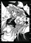  :d braid hand_on_hat hat highres kirisame_marisa korie_riko long_hair looking_at_viewer monochrome open_mouth pointing pointing_at_viewer scan smile solo star touhou witch_hat 